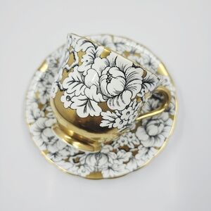 Victoria Peony Gold Tea Cup and Saucer England Hand Painted